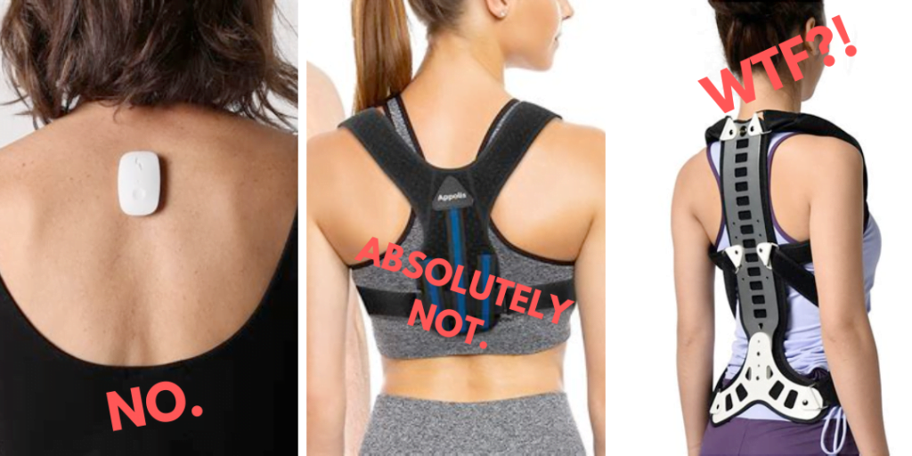 Three women wearing devices that supposedly correct posture