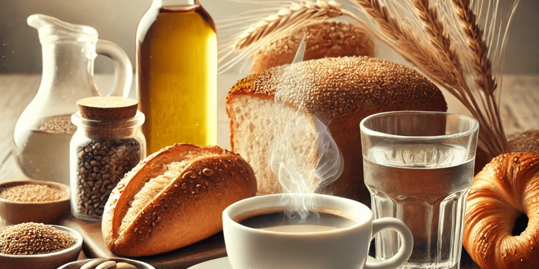 A table containing cooking oil, coffee, bread, and water